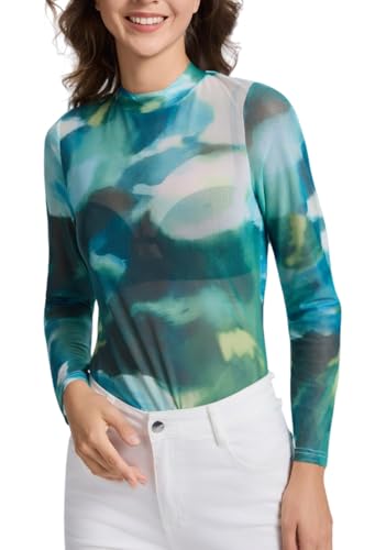 Womens Mesh Long Sleeve Tops Mock Neck Sexy Sheer See Through Tee Shirts Party Club Night Lace Blouse
