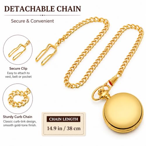 Smooth Vintage Gold Pocket Watch with Chain