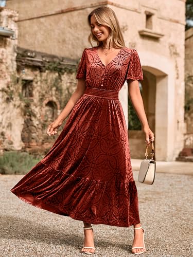 Simplee Womens Fall Velvet Dress Short Sleeve V Neck Floral Maxi Dress Long Formal Winter Wedding Guest Dresses
