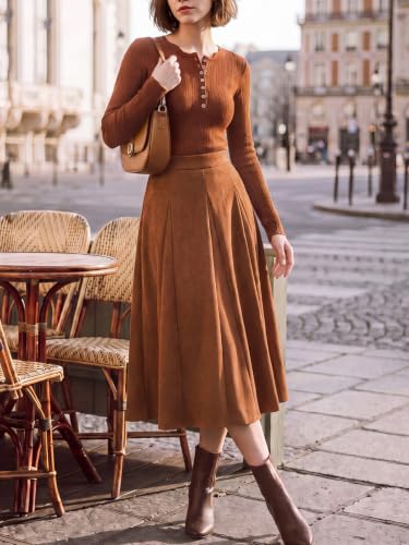 Belle Poque Women Suede Skirt High Waisted A Line Midi Skirts