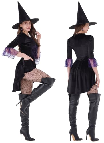 Womens Witch Costume Dress, Black Velour Bodysuit with Hat & Fishnet Tights