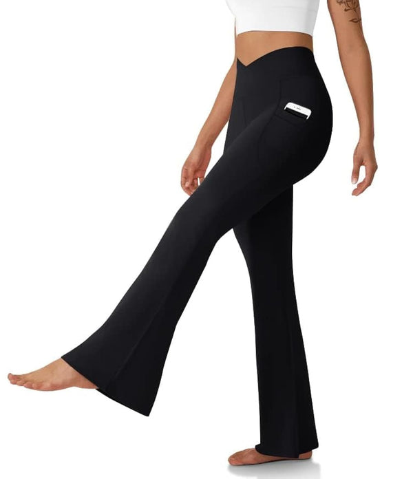 Women's Flare Leggings With Pockets Crossover High Waisted