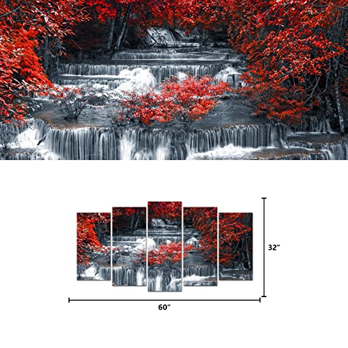 5 Pieces Large Black and Red Canvas Wall Art – Waterfall Landscape (Art Deco)