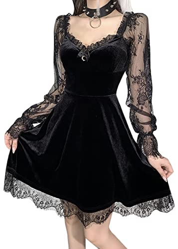TSMNZMU Women Gothic Velvet Dress - Lace Long Sleeve Midi Lolita Dresses