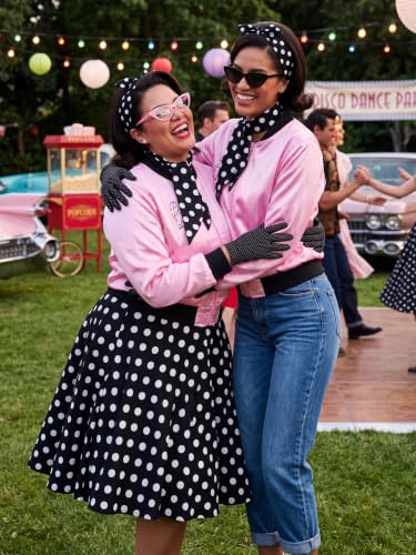 AOTHSO 1950s Pink Satin Jacket with Polka Dot Scarf Headband Earrings Glasses Halloween Cosplay Costume for Women, 8 Pieces