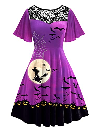 Women Halloween Dress Lace Flutter Sleeve A-Line Party Dresses