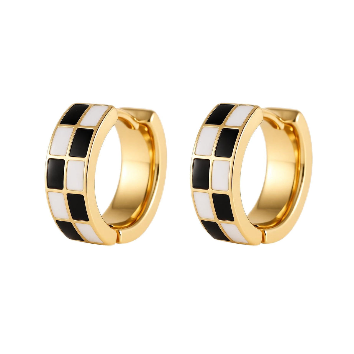 Checker Cartilage Hoops Teacher Earrings for Women White Black Enamel Gold