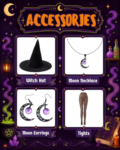 Womens Witch Costume Dress, Black Velour Bodysuit with Hat & Fishnet Tights