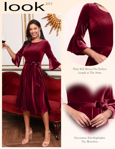 HomRain Long Sleeve Midi Velvet Dress for Women Vintage Christmas Dresses