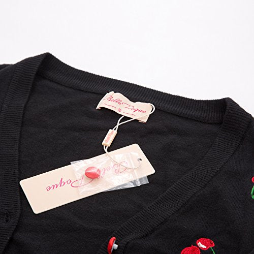 Belle Poque Women's 3/4 Sleeve V-Neck Button Down Cherries Embroidery Cropped Cardigan Sweater Coat