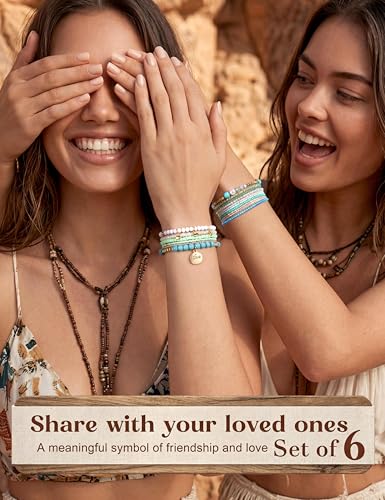 6 Sets Bohemian Stackable Bead Bracelets for Women Stretch Bohemian Style Stretch Multilayered Boho Bracelet Set