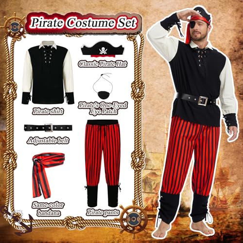 6PCS Mens Pirate Costume Adult with Accessories for Themed Parties