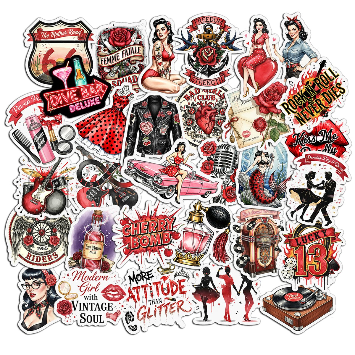 31 PCS Rockabilly Stickers Pack Pin Up Girls Vintage 1950s Retro Rose Tattoo Style Waterproof Vinyl Decals Rock N Roll Guitar Music Laptop Water Bottle Phone Case Women Aesthetic Gifts Main image