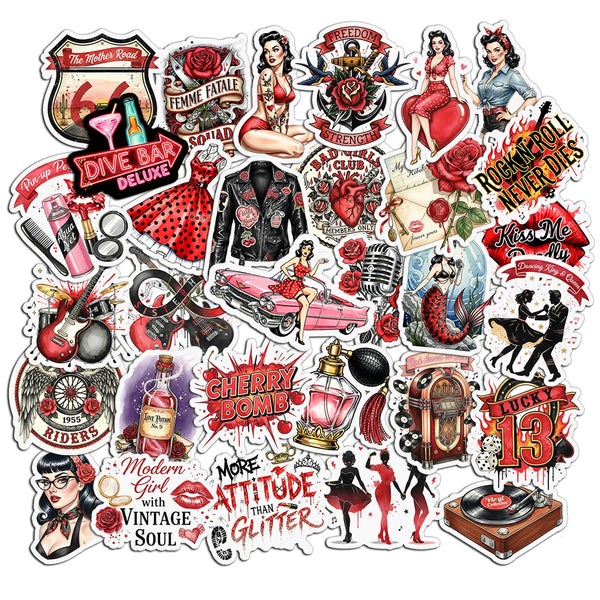 31 PCS Rockabilly Stickers Pack Pin Up Girls Vintage 1950s Retro Rose Tattoo Style Waterproof Vinyl Decals Rock N Roll Guitar Music Laptop Water Bottle Phone Case Women Aesthetic Gifts