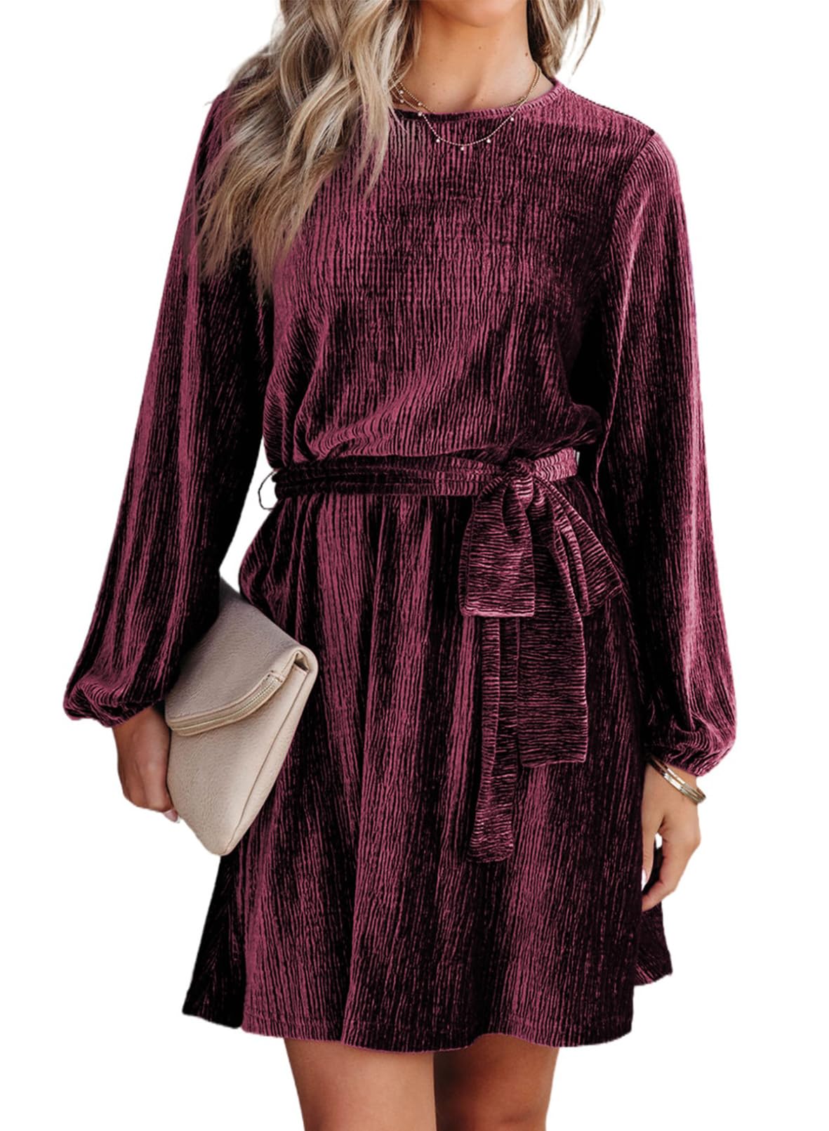 Happy Sailed Women's Velvet Dress Lantern Sleeve High Waist A-Line Skater Cocktail Party Dresses with Belt Business wear