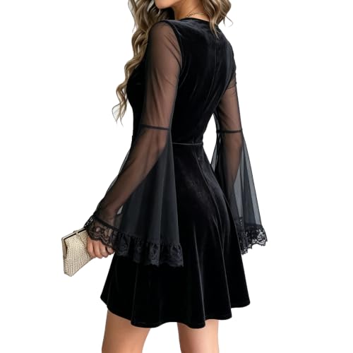 Black Velvet Dress for Women Halloween Lace Trim Cosplay Sheer Sleeve Swing Flare Dresses XS-XL