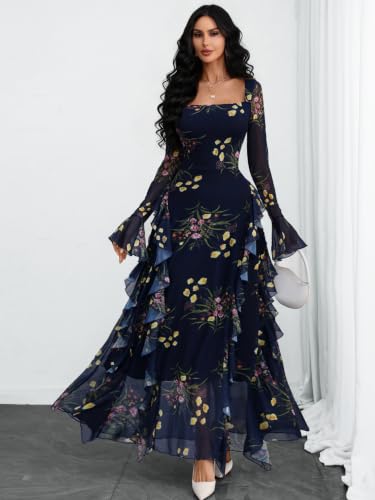 GothDark Women's Floral Dress Long Sleeve Square Neck Ruffle Party Outfit