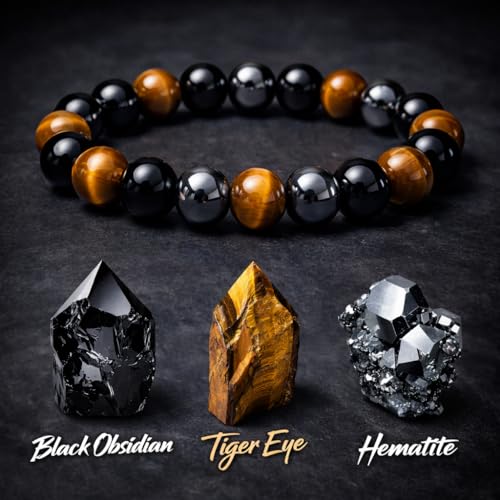 WFJ Black Obsidian Hematite Triple Protection Bracelets Set - Tiger Eye Beaded Natural Stone Bracelet for Men Women Gemstone (10MM)