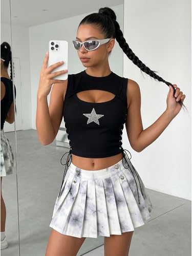 Womens Y2K Gothic Tops Star Sparkly Rhinestone Fitted Crop Tops