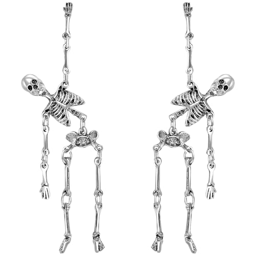 Gothic Skeleton Earrings for Women, Articulated Silver Skull Dangle Jewelry