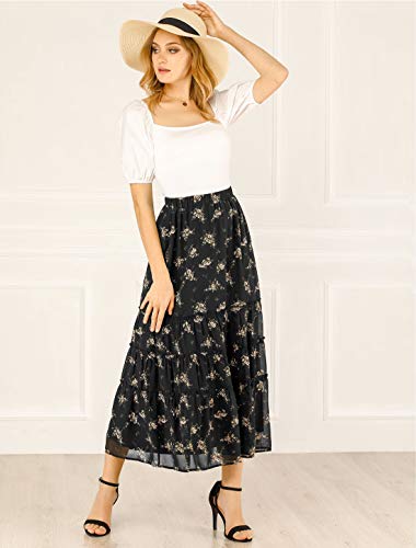 Allegra K Women's Floral Skirt Chiffon A-line Long Tiered Ruffle Maxi Skirt