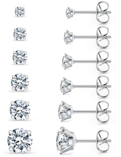 6 Pairs Stud Earrings Set, Hypoallergenic Cubic Zirconia 316L Earrings Stainless Steel CZ Earrings 3-8mm (Steel color) Main image