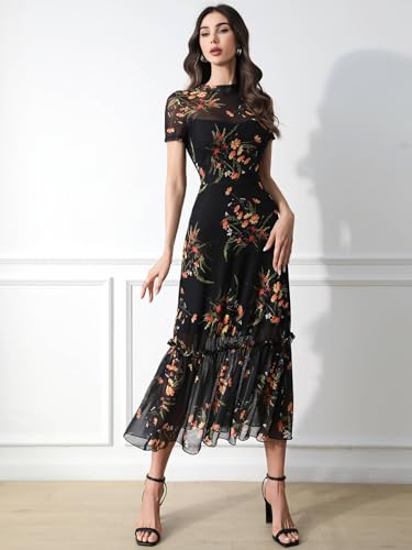 GothDark Women's Summer Floral Mesh Ruffle Casual Maxi Wedding Guest Dress
