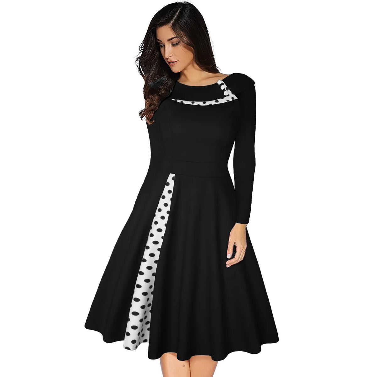 Dress Rockabilly Polka Dot Print Sexy Patchwork Long Sleeve High Waist Swing Casual Party Midi Vestidos Robe