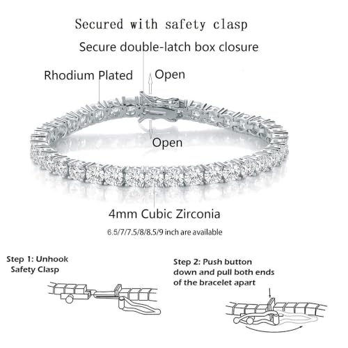 18k White Gold Plated CZ Tennis Bracelet, 4MM Cubic Zirconia Charm Bracelet for Women Men