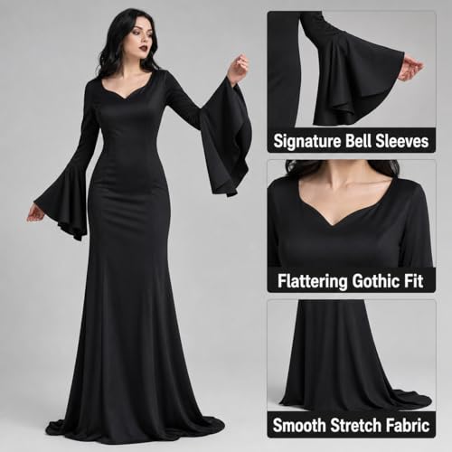JEGERMIG Black Gothic Maxi Dress, V-Neck Flared Sleeves Halloween Costume