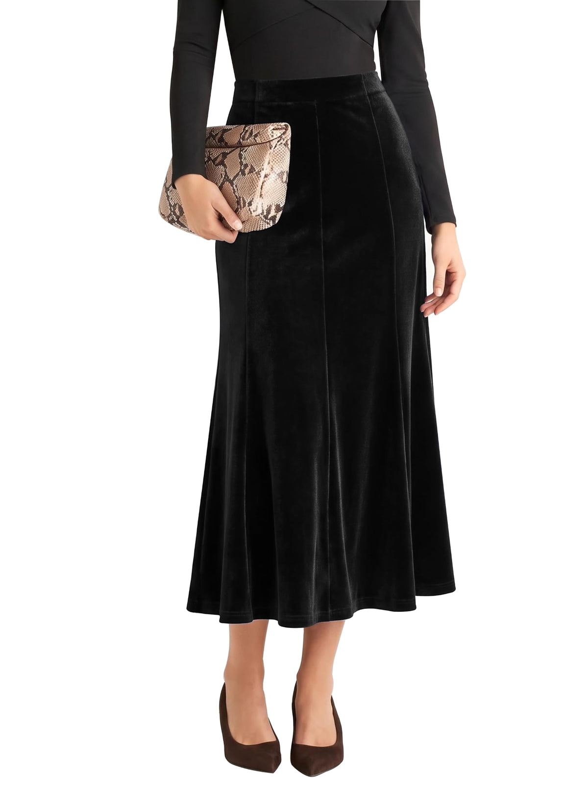 Urban CoCo Women's Velvet A-Line Midi Skirt High-Waisted Stretch