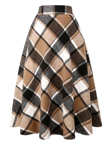 Long Plaid Wool Skirt for Womens Winter Fall Warm High Elastic Waist A line Flared Pleated Wool Tartan Skirts Main image