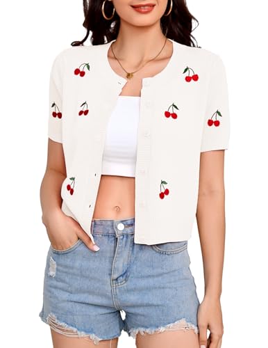 Bbonlinedress Women Cherry Short Sleeve Cardigan Tops Vintage Sweater Shirt