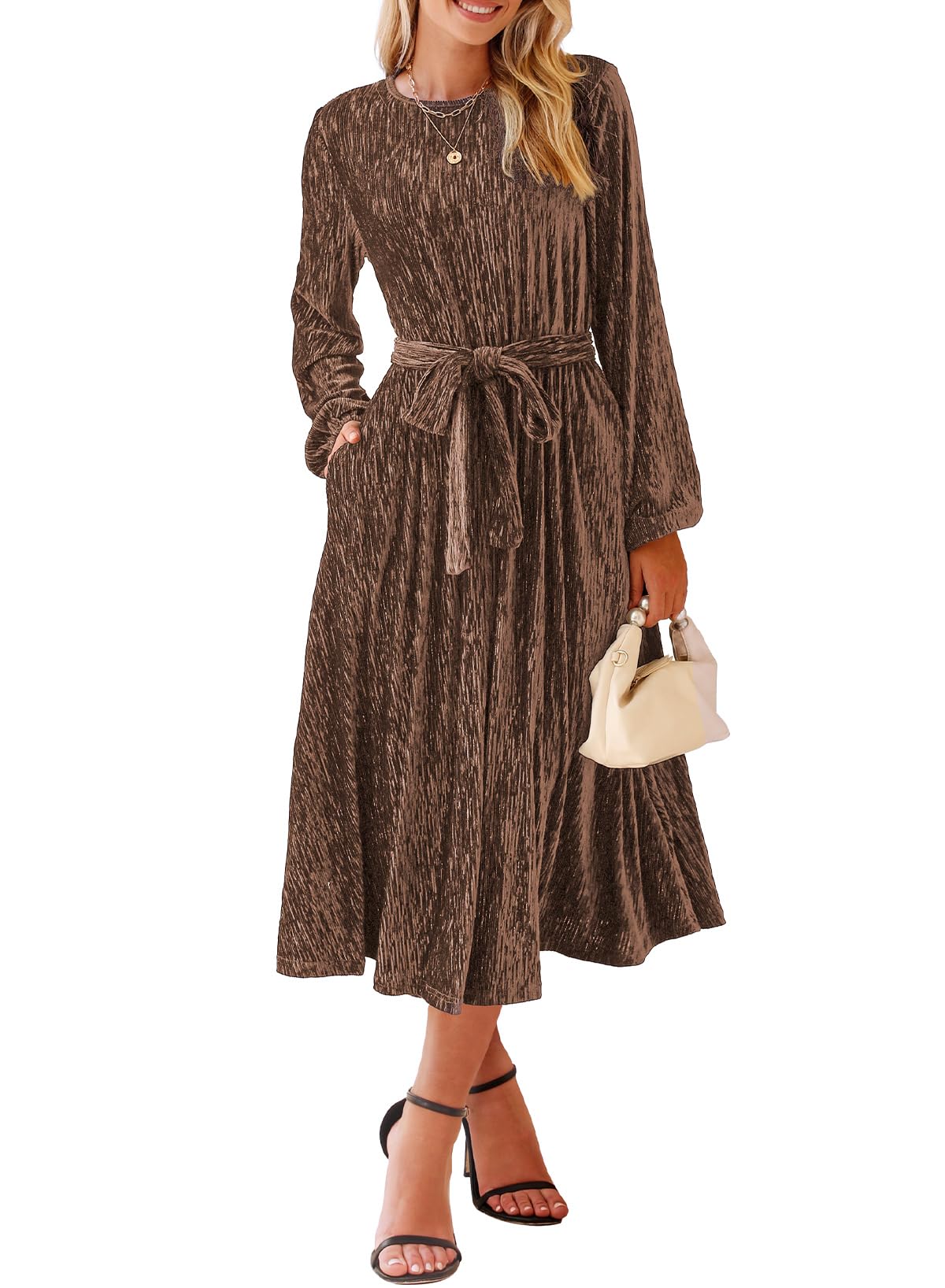 Happy Sailed Women's Velvet Dress Fashion Fall Winter Long Sleeve High Waist A-Line Semi Formal Wedding Guest Dresses