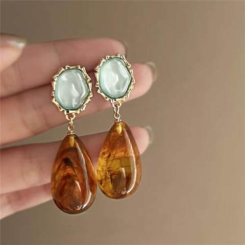 Vintage Amber Teardrop Dangle Earrings for Women Girls Hypoallergenic Lightweight Big Waterdrop Resin Statement Drop Dangling Stud Earrings Antique