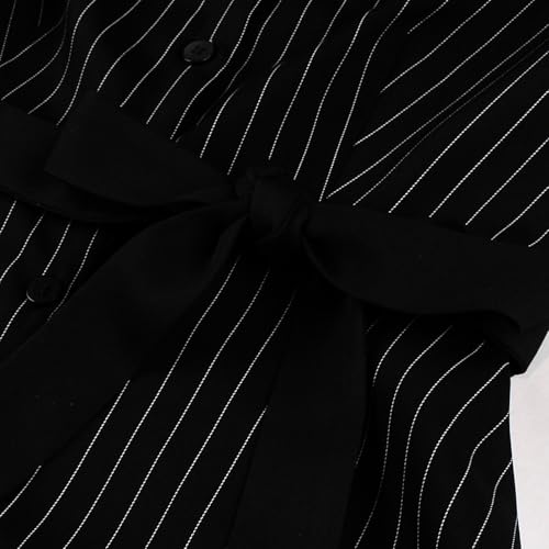 Women's 1950s Retro Striped Dress - Vintage Collared Button Down A Line Swing Dress with Removable Belt for Commuting