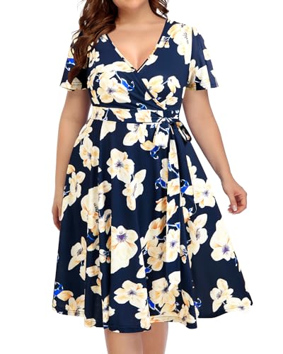 Pinup Fashion Plus Size Wedding Guest Semi Formal Cocktail Wrap Knee Dress | Knit, faux wrap v-neck, short ruffle sleeves, empire waist, removable belt, knee-length, wedding guest, semi formal, easter