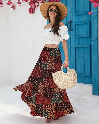 CYiNu Women's Chiffon Elastic High Waist Tiered Pleated Floral Printed A-Line Boho Long Maxi Skirts
