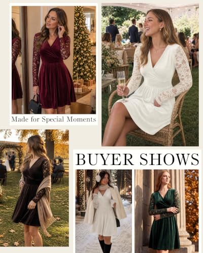 AUSELILY Velvet Dress for Women V Neck Lace Sleeve Wrap Dress