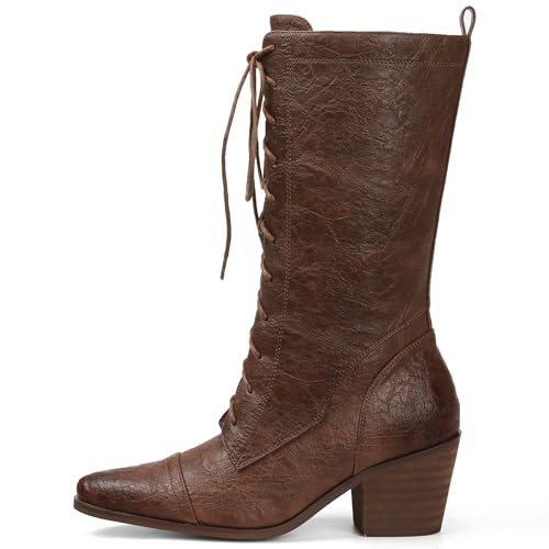 SaraIris Women's Black Mid Calf Boots Lace Up Chunky Heel Vintage Combat Heeled Dress Casual Boots