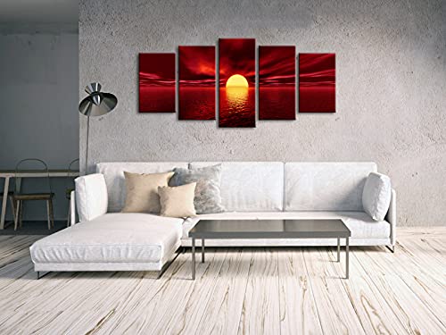 Red Sun 5-Piece Modern Canvas Wall Art