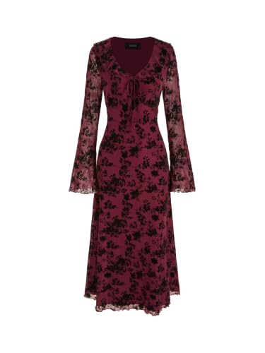 CIDER Women's Floral Velvet Dress Mesh Long Sleeve Maxi Dress