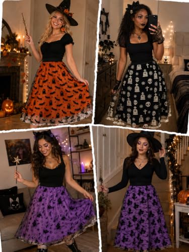 Women's Halloween Tulle Midi Skirt, Flocked Print Witch Costume Skirt