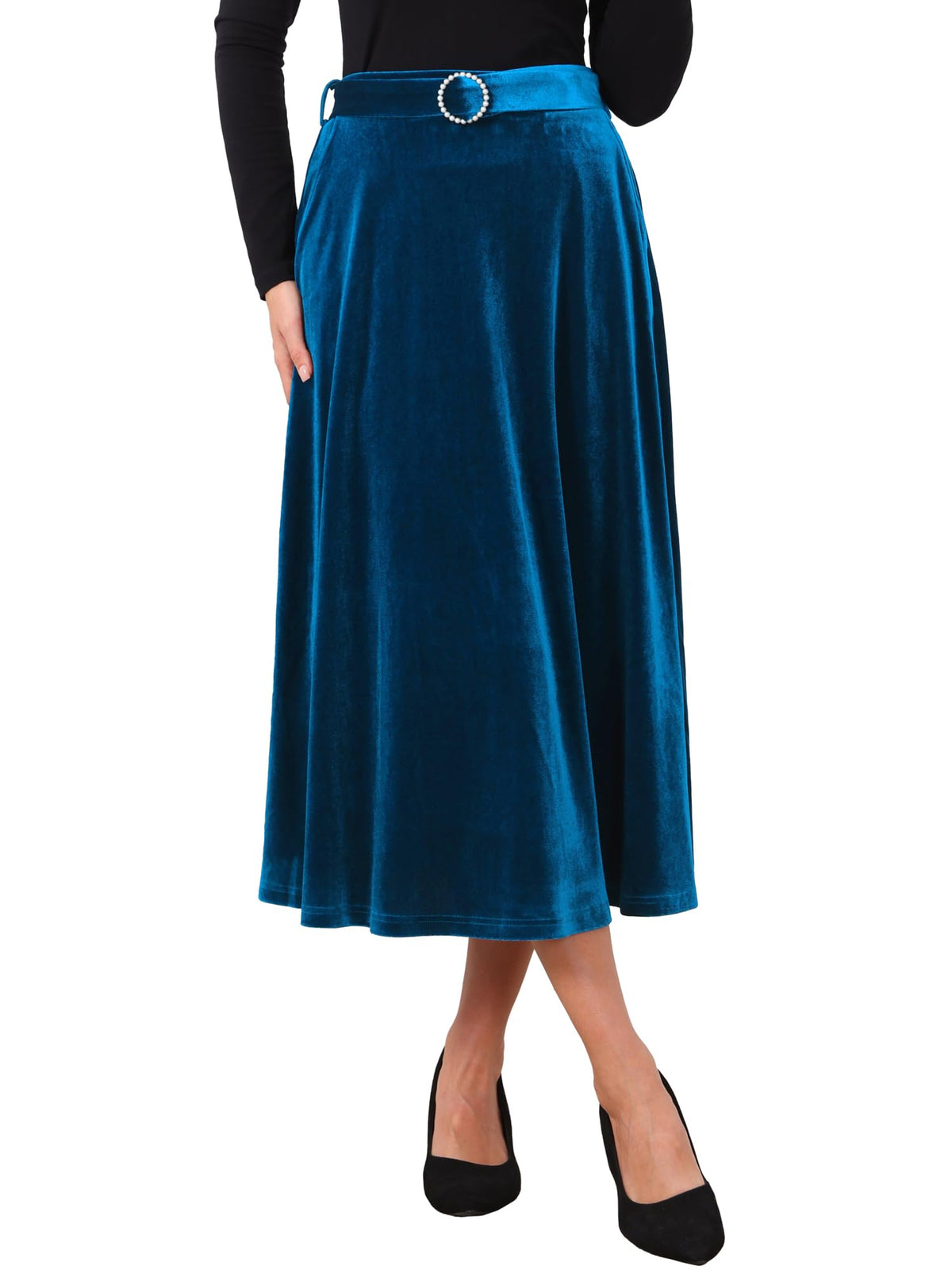 Women's Velvet High Waist A-Line Formal Long Skirt with Belt