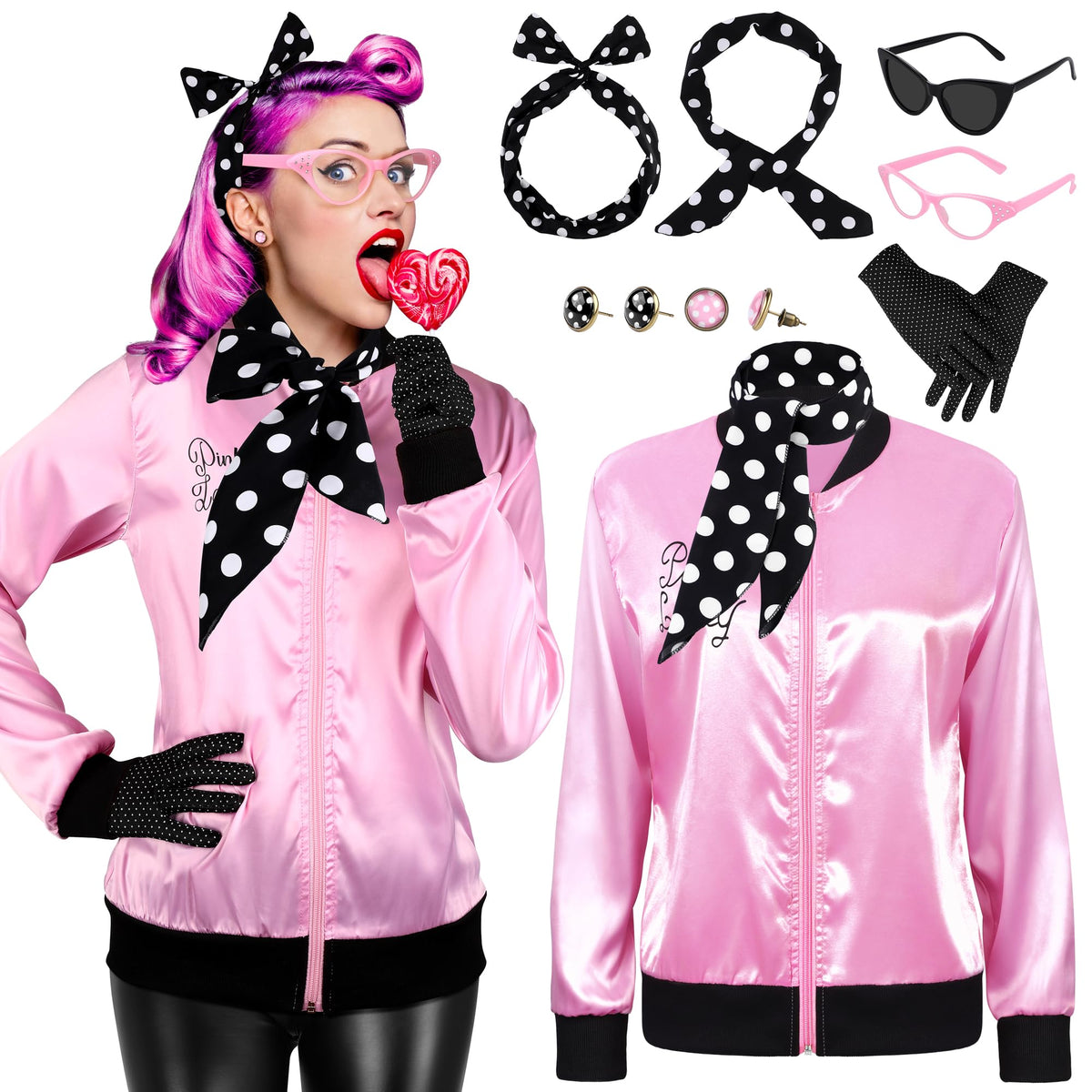 AOTHSO 1950s Pink Satin Jacket with Polka Dot Scarf Headband Earrings Glasses Halloween Cosplay Costume for Women, 8 Pieces