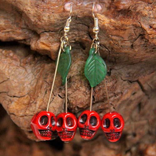Handmade Gothic Red Skull Cherry Dangle Earrings 2.2 inches Medium Halloween Pinup Quirky Funky Earrings