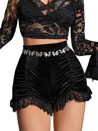 GothDark Sexy Velvet High Waist Gothic Vintage Ruched Lace Patchwork Shorts