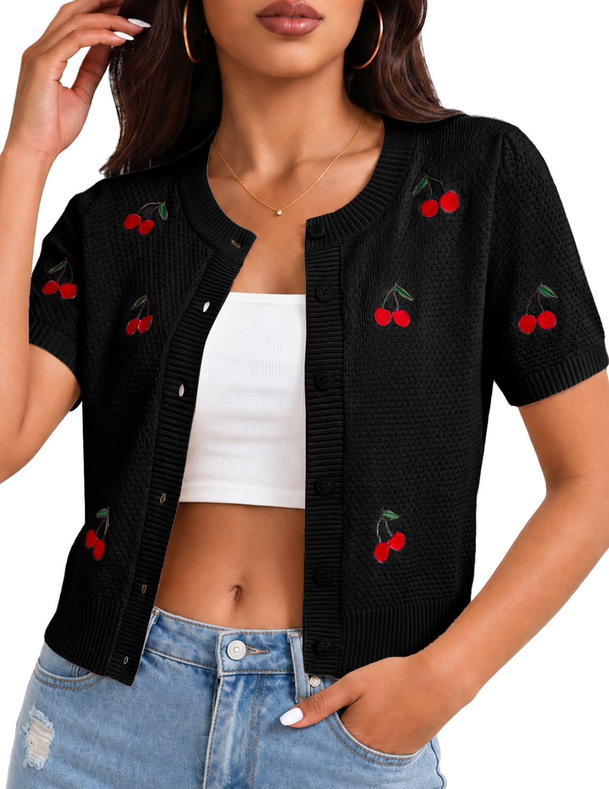 Cherry Short Sleeve Cardigan for Women Cropped Lightweight Cardigan Sweater