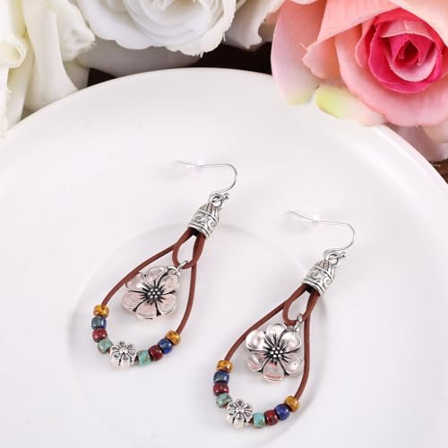 Western Leather Flower Dangle Earrings with Natural Stones