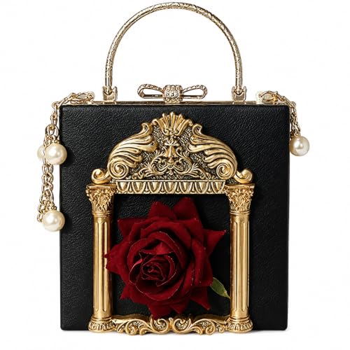Floral Rose-Embossed Baroque Evening Clutch — Black & Gold with Pearl Chain